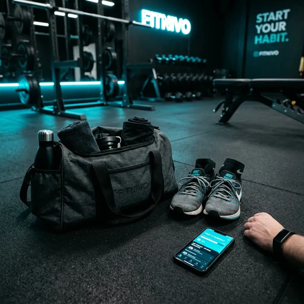 Prepped gym gear, running shoes, and fitness dashboard illustrating environmental friction reduction