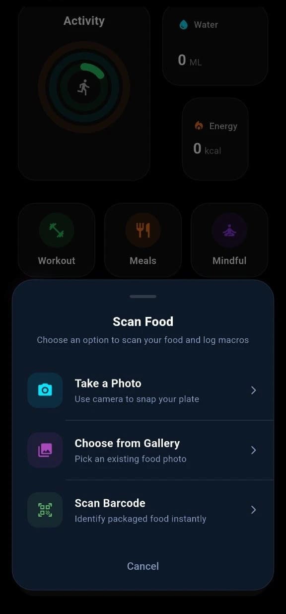 Fitnivo AI food scanner analyzing a meal photo and showing calories, protein, carbs, and fat