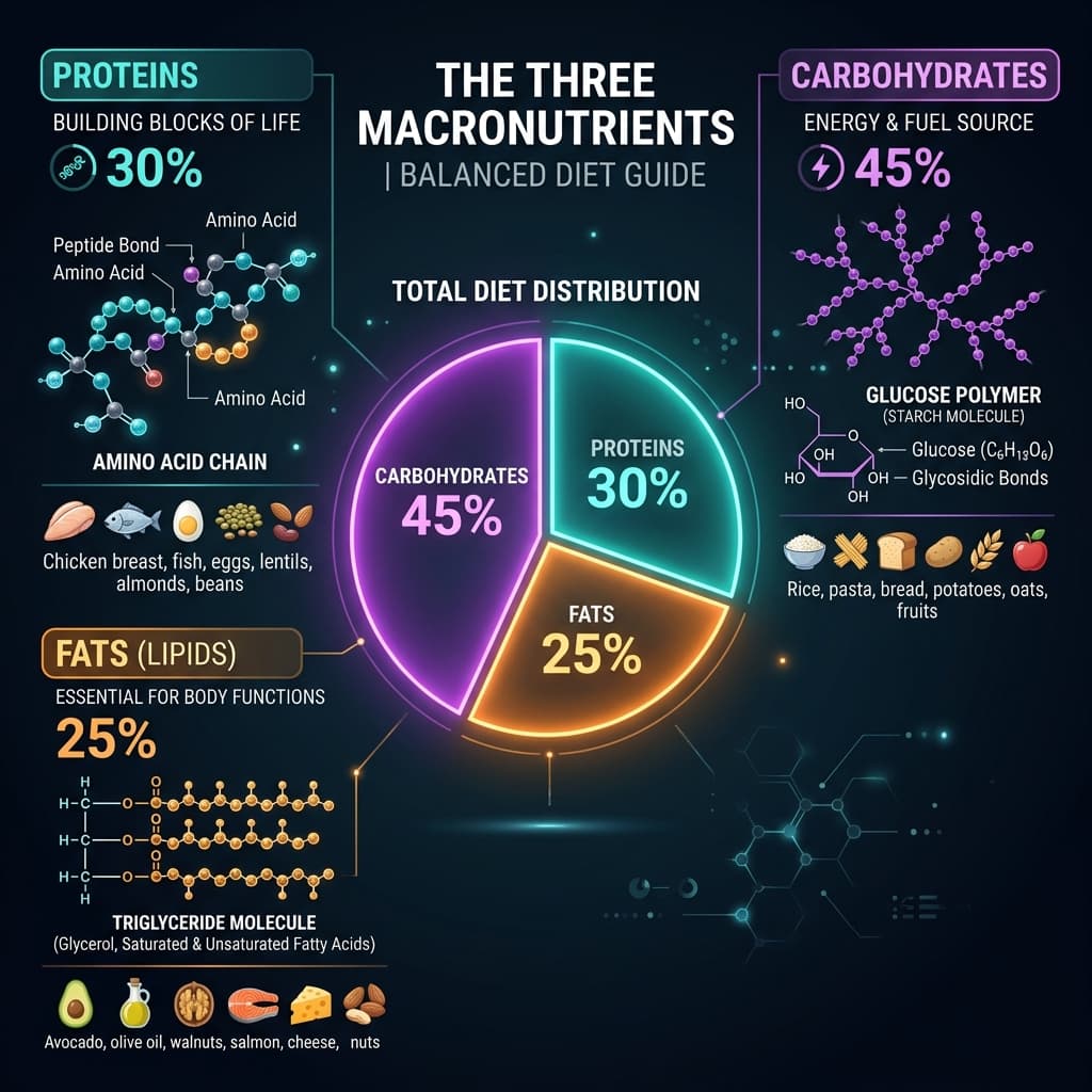 Pie chart infographic showing macronutrient split: 30% protein, 45% carbohydrates, 25% fats for optimal body composition