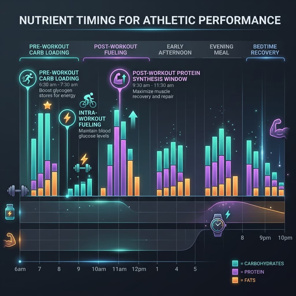Nutrient timing timeline chart showing optimal windows for carbohydrate, protein, and fat consumption throughout the day