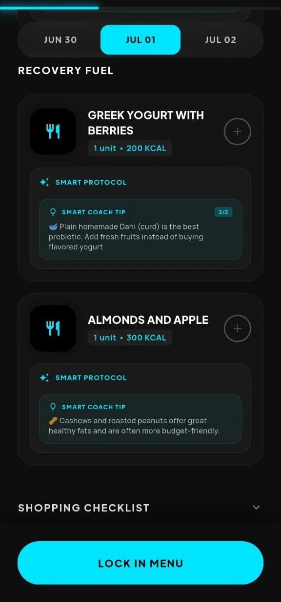 Fitnivo personalized AI meal plan dashboard showing daily meals aligned to calorie and macro targets